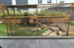 Großes Außengehege mit mehreren Kaninchen im Garten.