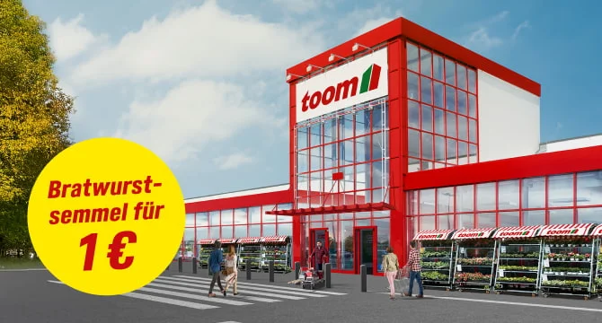 Außenansicht eines Baumarktes mit einem Angebot für eine Bratwurstsemmel für einen Euro.