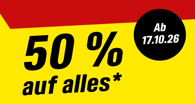 Werbebanner mit der Aufschrift: 50 % auf alles ab dem 17.10.26.