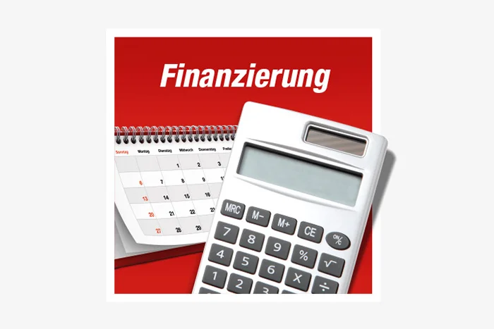 Icon für die Finanzierung. Ein Kalender und ein Taschenrechner liegen auf einem roten Hintergrund.