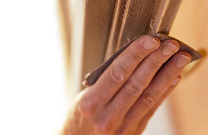 Hand schleift Holz mit Schleifpapier