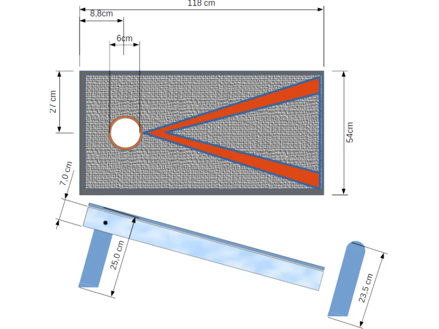 Technische Zeichnung eines Cornhole Spielbretts mit Abwurfplattform