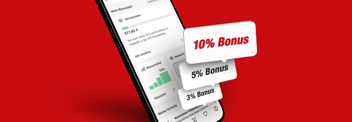 Smartphone mit Bonusprogramm auf rotem Hintergrund