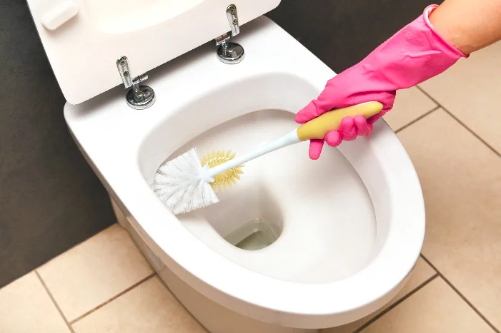 Person mit Handschuh reinigt Toilette mit Klobürste