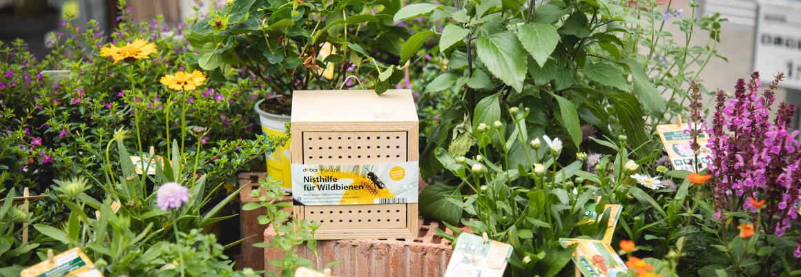 Ein Insektenhotel steht zwischen blühenden Gartenpflanzen.