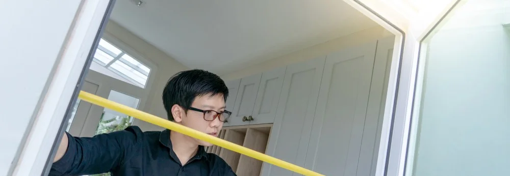 Eine Person misst einen Fensterrahmen mit einem Maßband aus.