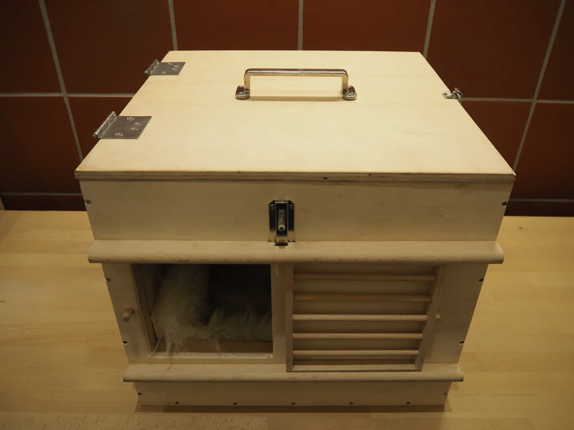 Eine Transportbox aus Holz mit einem flauschigen Tier darin.