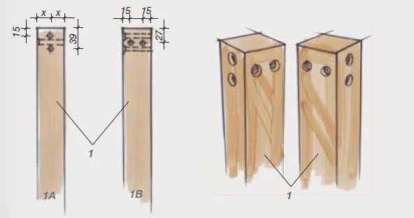 Technische Zeichnung von Holzbalken mit Maßen für die Bohrungen.