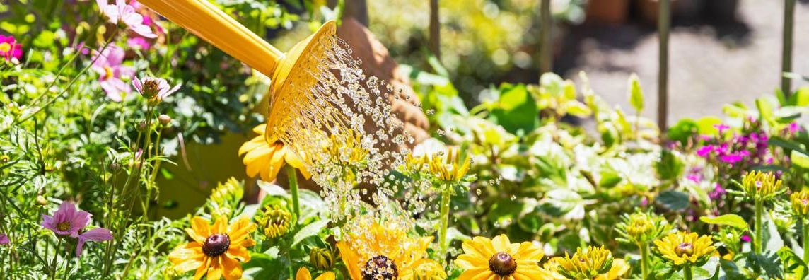 Eine gelbe Gießkanne bewässert bunte Blumen in einem Garten