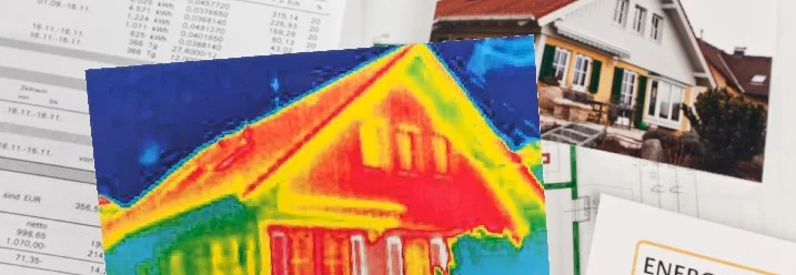 Wärmebild eines Hauses mit Finanzdokumenten