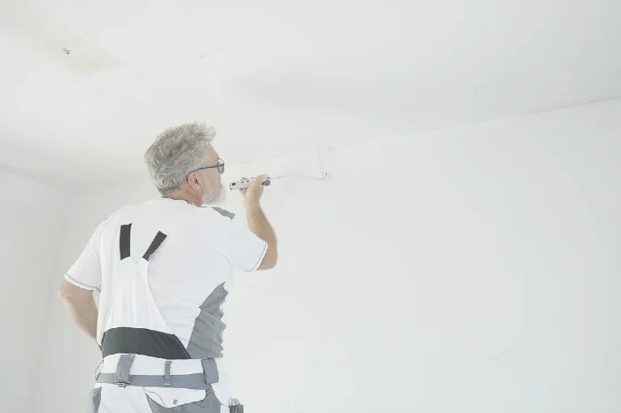 Person streicht Wand mit Farbrolle