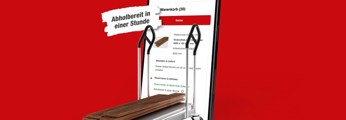 Handwagen mit Holzbrettern und Smartphone