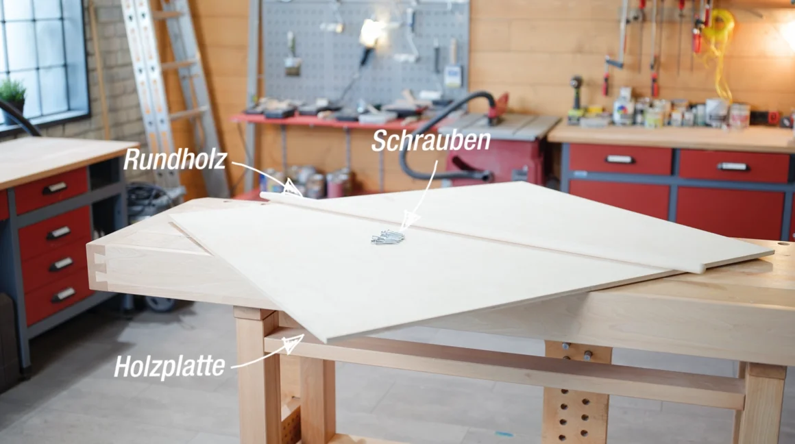 Holzplatte und Rundholz auf einer Werkbank