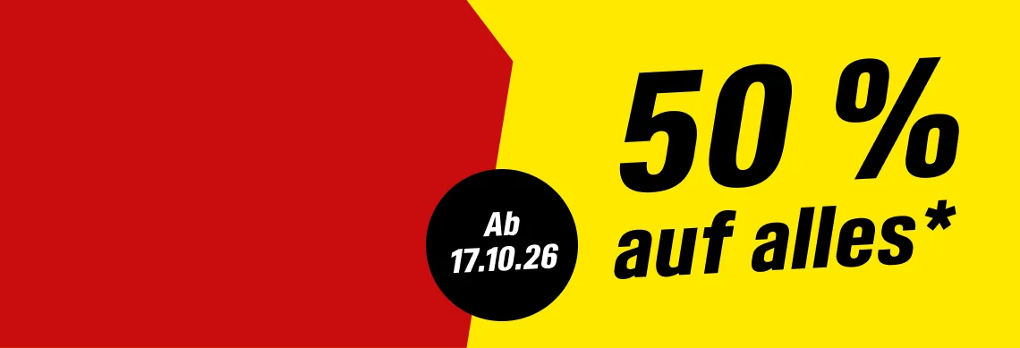 Werbebanner mit der Aufschrift: 50 % auf alles, ab 17.10.26.