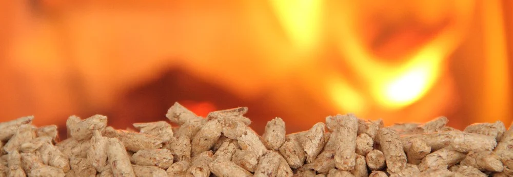 Holzpellets vor Kaminfeuer