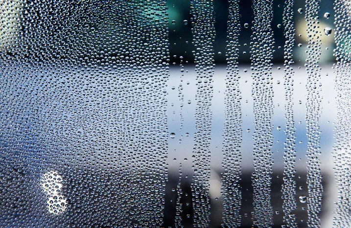 Kondensierte Wassertröpfchen auf einer Glasscheibe.