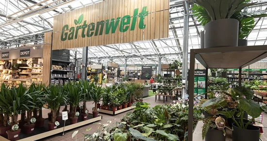 Innenansicht der Abteilung Gartenwelt mit vielen Zimmerpflanzen.