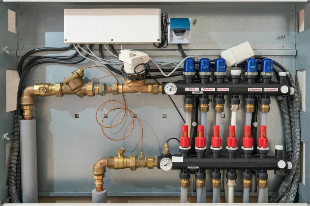 Energieeinsparung durch den hydraulischen Abgleich am Heizkreisverteiler der Fußbodenheizung.
