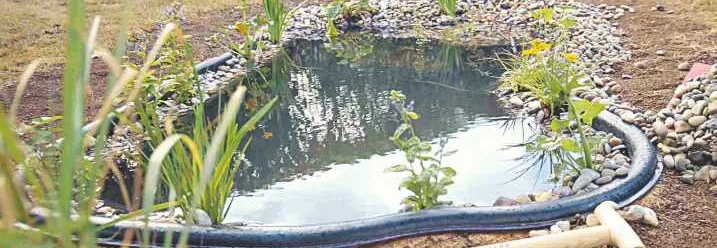 Teich im Bau mit Schaufel und Hammer
