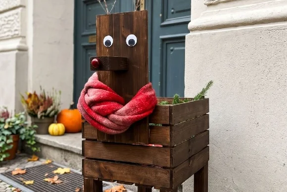 Ein Pflanzkasten aus Holz, der als Rentier mit einem roten Schal dekoriert ist.